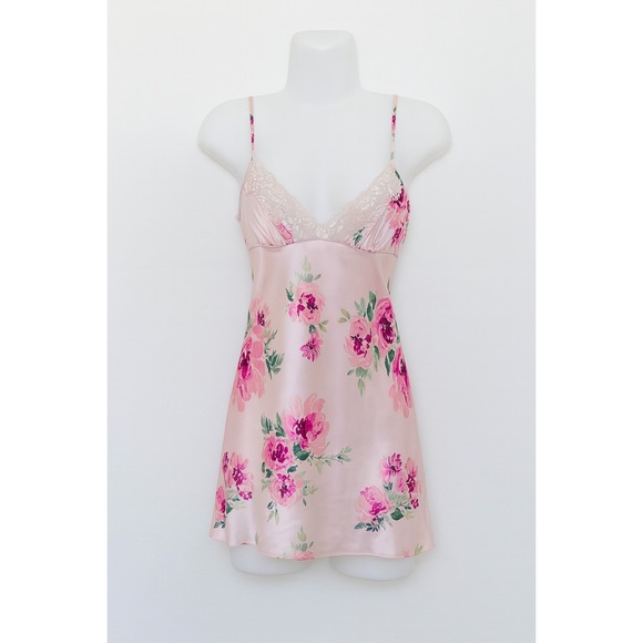 Y2K Floral Slip Dress‎ Womens Size M Pink Satin Lace Mini Cami Cottage Coquette - Picture 1 of 7